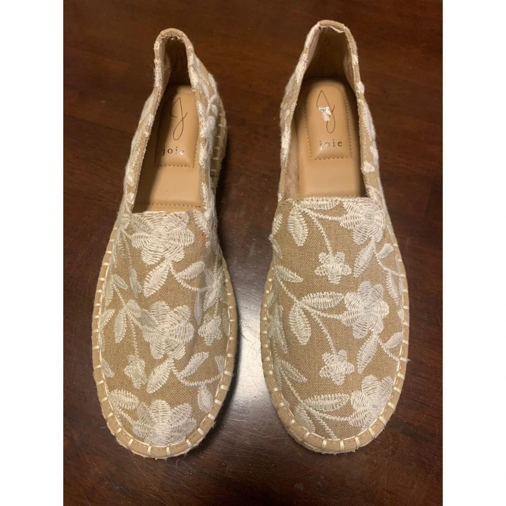 Joie Cara-B Floral Embroidered Espadrille Loafers Tan‎ White Slip On Flats 8M